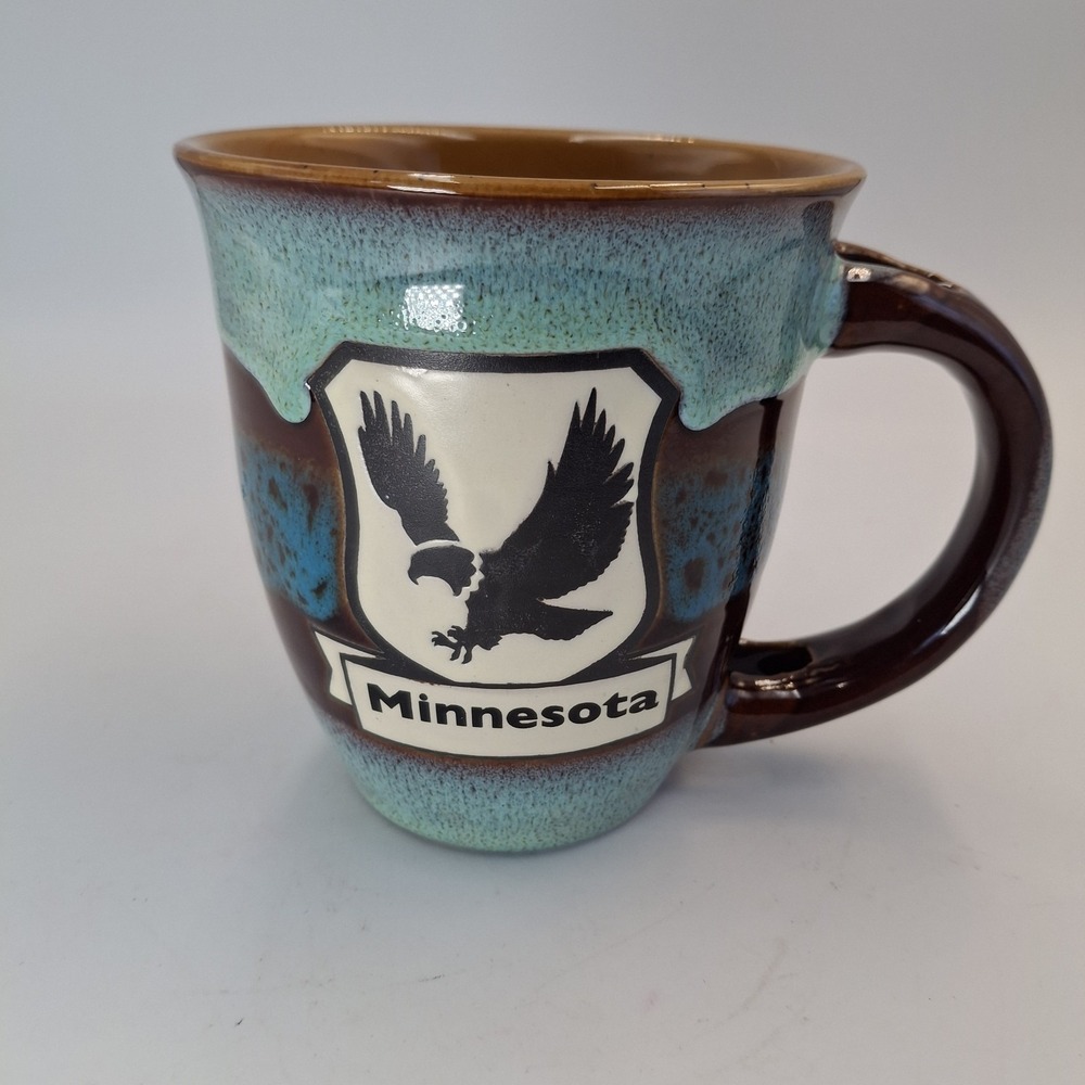 Minnesota Eagle Stoneware Coffee Mug Pottery Drip Glaze Blue Brown PCF Souvenirs